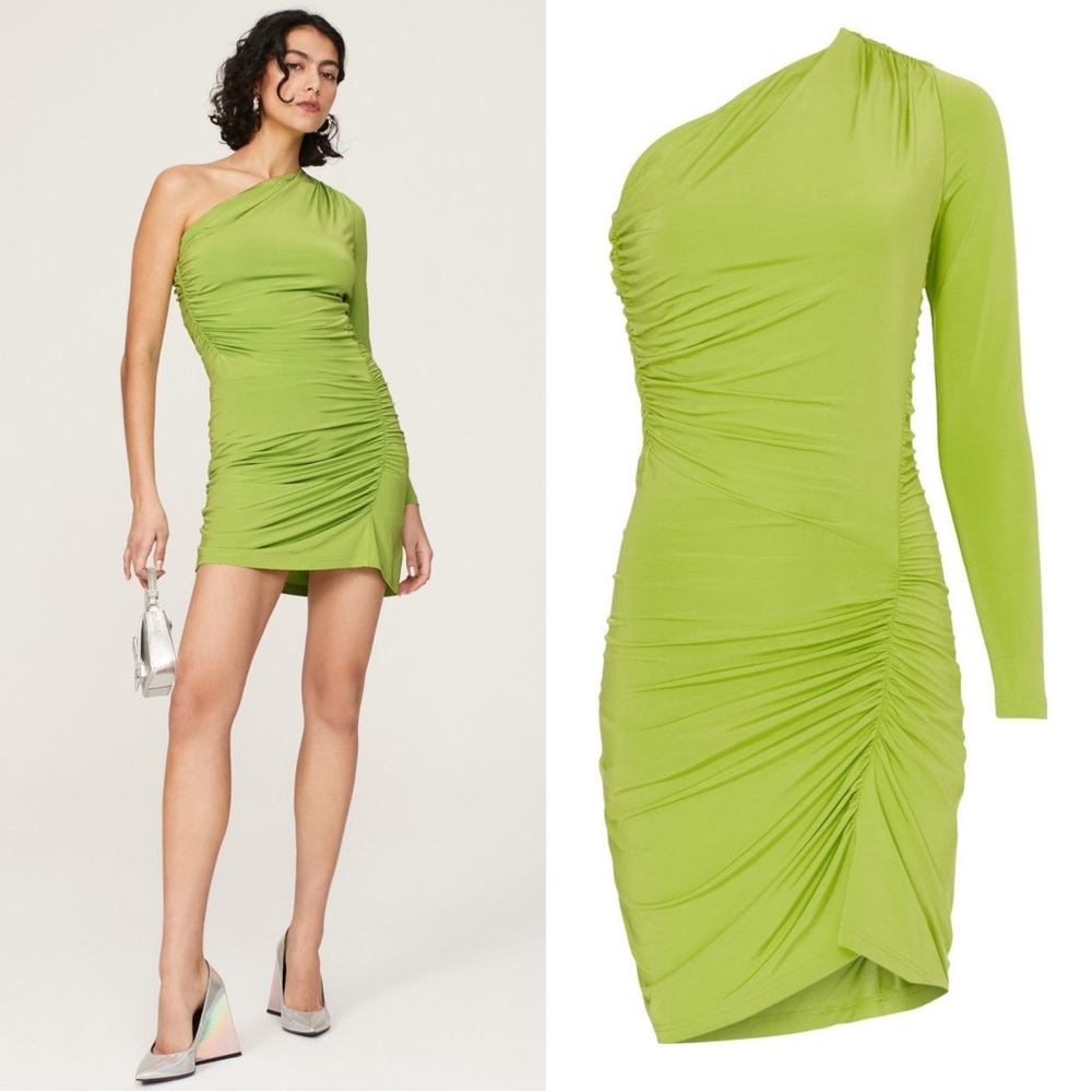 Atlein One Shoulder Ruched Mini Dress Size Large Monochrome Lime Green